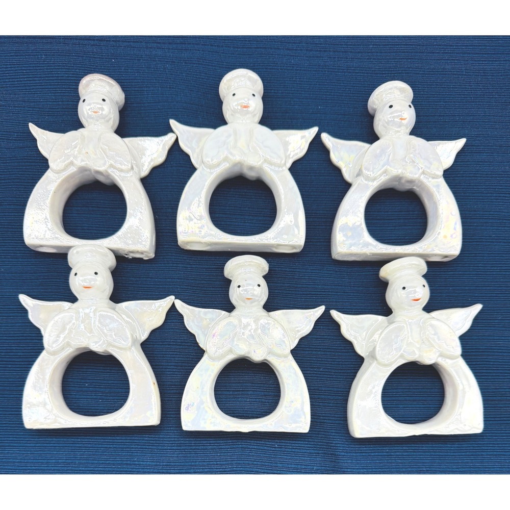 White Iridescent Angel Napkin Rings Set of 6 Vintage Christmas Lustreware Taiwan
